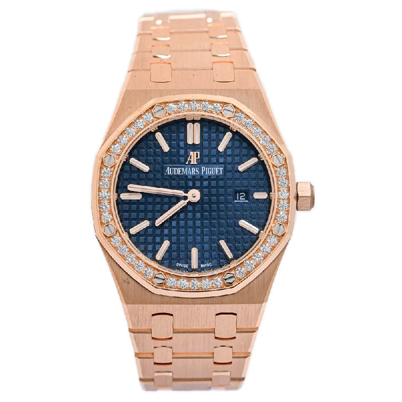 fashion watches with interchangeable straps-Audemars Piguet Ladies Royal Oak Quartz 18K Pink Gold 33mm Blue "Grande Tapisserie" Dial Watch Ref# 67651OR.ZZ.1261OR.02