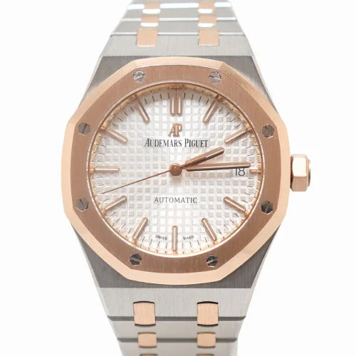 smartwatch with smart exercise modes-Audemars Piguet Ladies Royal Oak Two Tone Rose Gold and Stainless Steel 37mm White "Grande Tapisserie" Dial Watch Reference# 15450SR.OO.1256SR.01