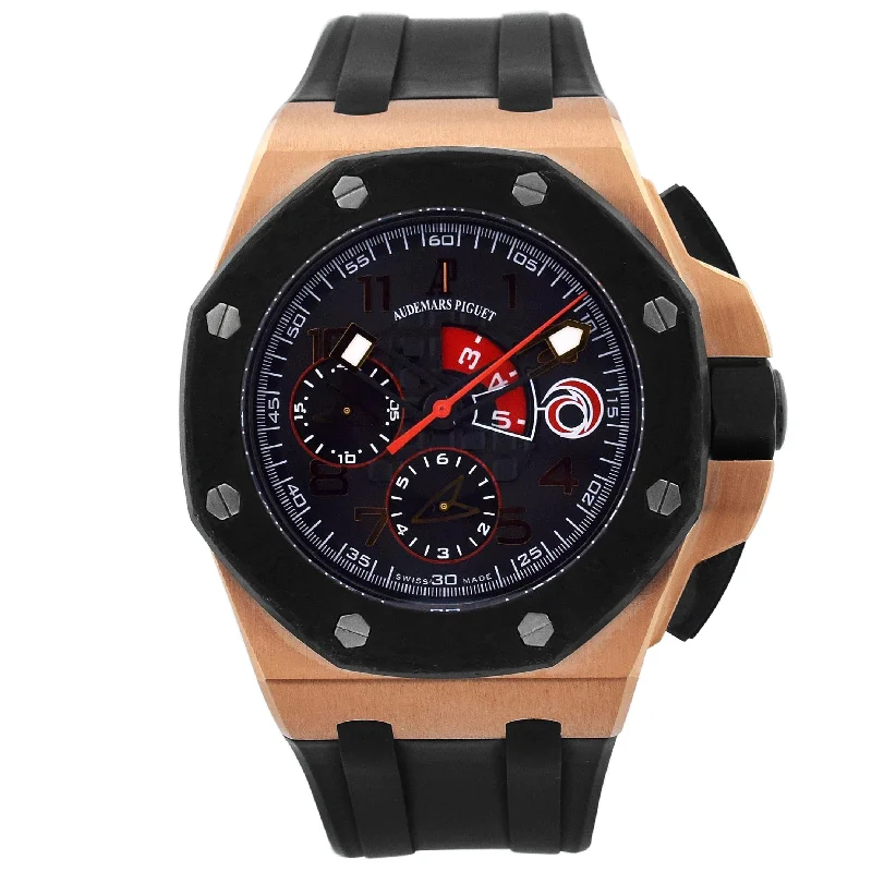 smartwatch with built-in calorie tracker-Audemars Piguet Men's Royal Oak Offshore 18KT Rose Gold 44mm Black Arabic Dial Watch Ref# 26062OR.OO.A002CA.01