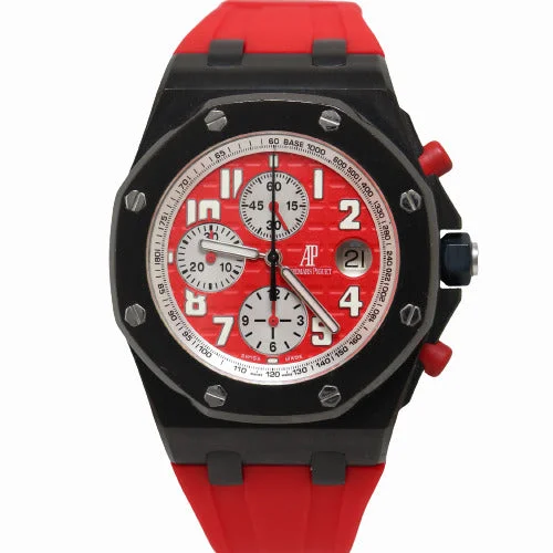 classic stainless steel quartz watches-Audemars Piguet Mens Royal Oak Offshore Black Coated Stainless Steel 44mm Red Chronograph Dial Watch