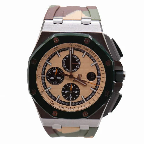 outdoor fitness smartwatch with GPS-Audemars Piguet Men's Royal Oak Offshore Stainless Steel 44mm Beige Chronograph "Mega Tapisserie" Dial Watch Reference #26400SO.OO.A054CA.01