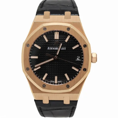 luxury limited-edition timepieces-Audemars Piguet Men's Royal Oak Pink Gold 41mm Black "Grande Tapisserie" Dial Watch Reference# 15500OR.OO.D002CR.01