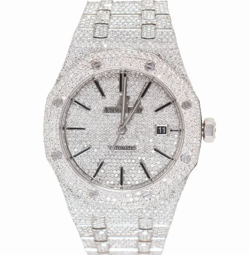 solar-powered analog watches-Audemars Piguet Men's Royal Oak Stainless Steel 41mm Custom ICED OUT Pave Dial Watch