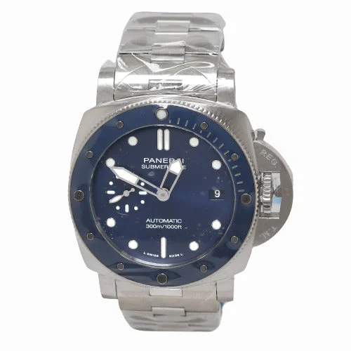 classic mechanical diving wristwatches-BRAND NEW! Panerai Mens Submersible Blue Notte Brushed Steel 42mm Blue Sun Brushed Dial Watch Reference# PAM01068