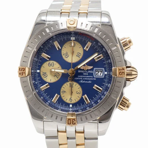 solar-powered analog watches-Breitling Men's Chronomat Evolution 18K Yellow Gold & Steel 43mm Blue Stick Dial Watch Reference# B13356