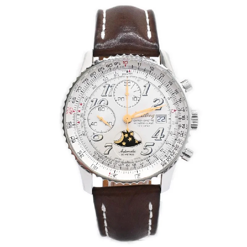 smartwatch with energy-saving mode-Breitling Mens Montbrillant Eclipse Stainless Steel 41.5mm White Arabic Dial Watch