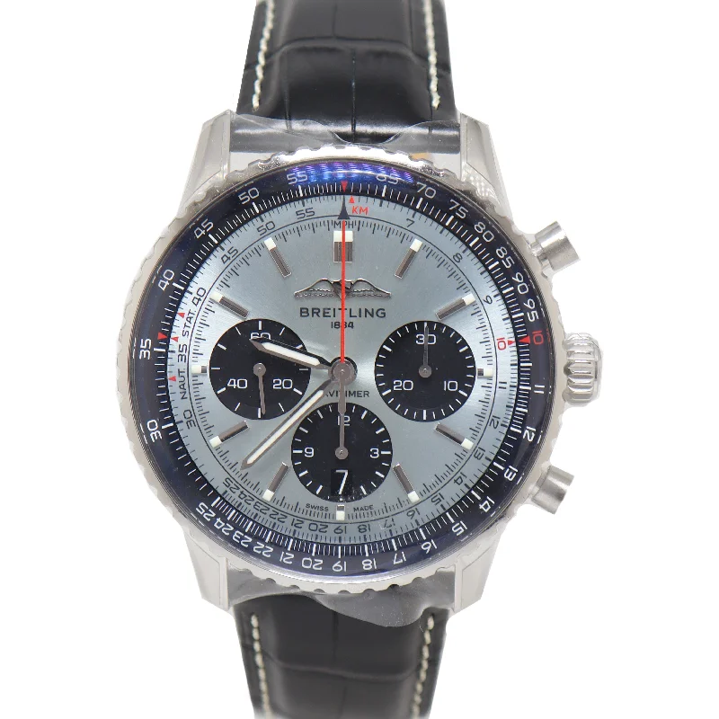 smartwatch with UV light exposure alert-Breitling Mens Navitimer B01 Stainless Steel 43mm Ice Blue Chronograph Dial Watch Reference# AB0138241C1P1