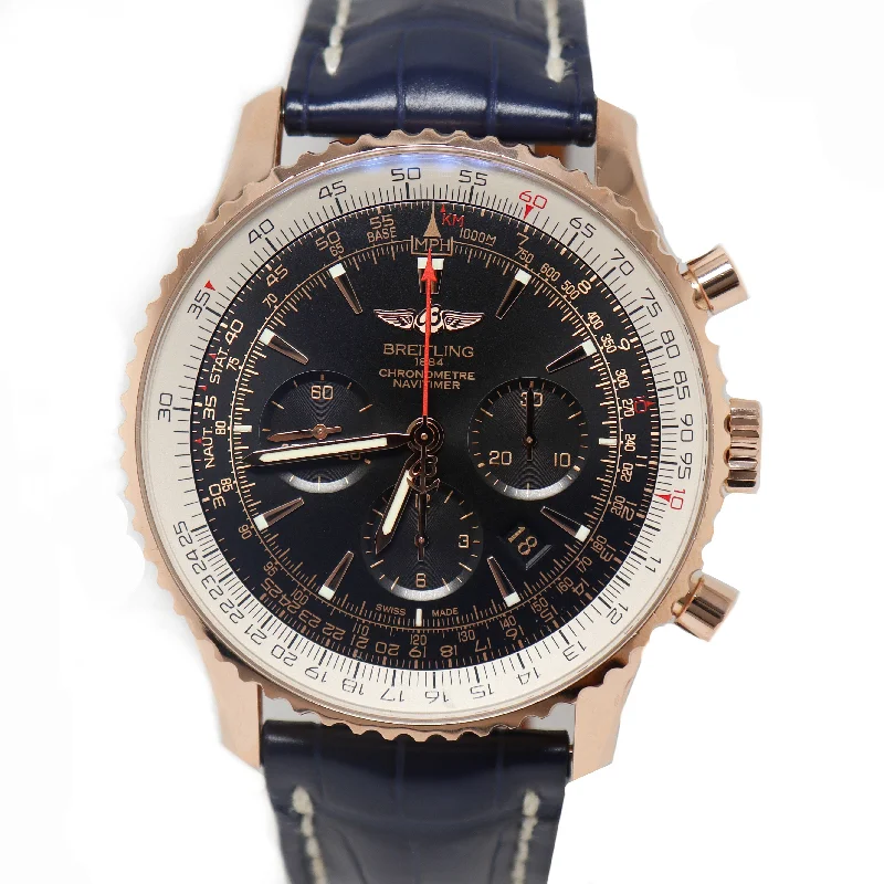 solar-powered digital sport watches-Breitling Mens Navitimer Rose Gold 46mm Black Chronograph Dial Watch Reference# RB0127