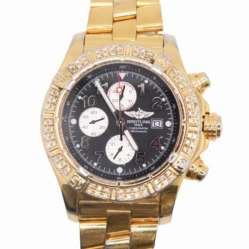 vintage digital sports watches-Breitling Men's Super Avenger Stainless Steel Custom Gold Plated 48mm Black Chronograph Dial Watch Reference# A13370