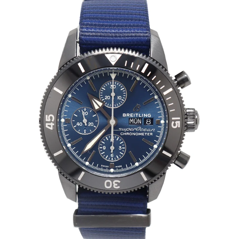 smartwatch with heart health insights-Breitling Mens Superocean Heritage Stainless Steel 44m Blue Chronograph Dial Watch Reference# M133132A1C1W1