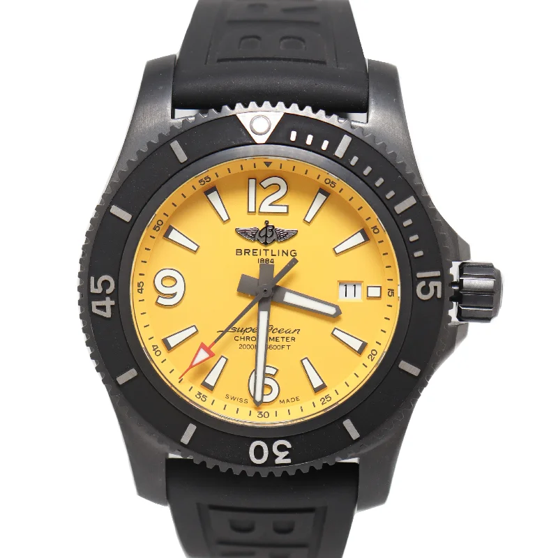 smartwatch with smart activity tracking-Breitling Men's Superocean Stainless Steel 46mm DLC Coated Yellow Stick Dial Watch Reference# M17368