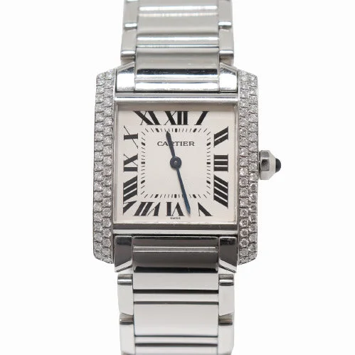 titanium military-style watches-Cartier Ladies Tank Francaise Stainless Steel 25mm x 20mm White Roman Dial Watch Reference# W51003Q3