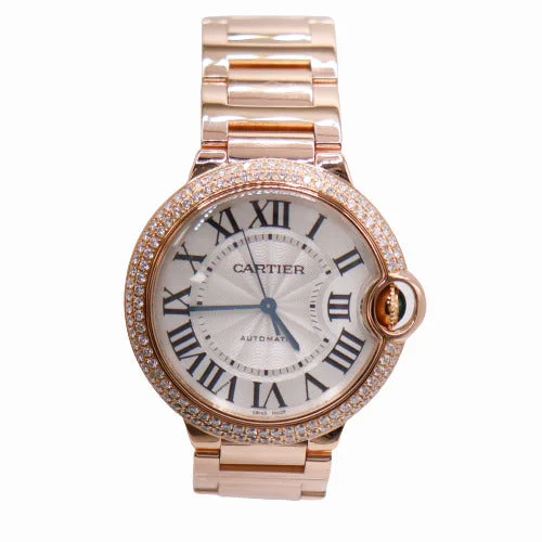 classic gold-tone wristwatches-Cartier Men's Ballon Bleu Rose Gold 36mm Silver Roman Dial Watch Ref# WE9005Z3