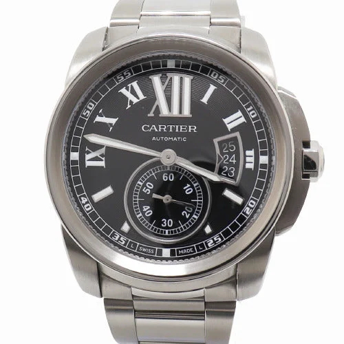 digital watches with world time function-Cartier Mens Calibre Stainless Steel 42mm Black Roman Dial Watch Reference# W7100015