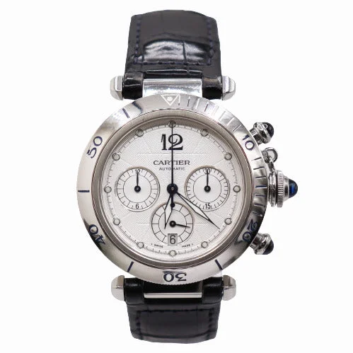 vintage-inspired automatic watches-Cartier Men's Pasha Stainless Steel 38mm Silver Chronograph Dial Watch Ref# W3103055