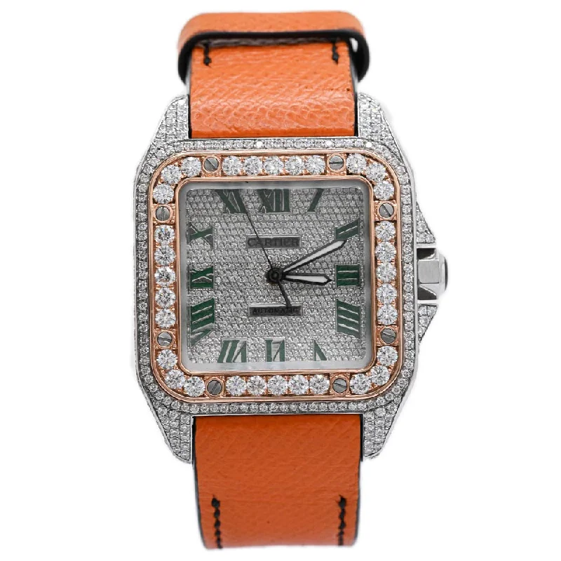 quartz watches with sport functionality-Cartier Men's Santos 100 Stainless Steel 39mm Custom Pave Diamond Dial w/ Green Roman Markers Watch Reference #: W20121U2