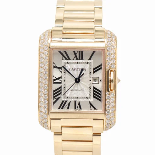 stylish casual sport wristwatches-Cartier Mens Tank Anglaise Yellow Gold 39mm Silver Roman Dial Watch Reference# WT100006