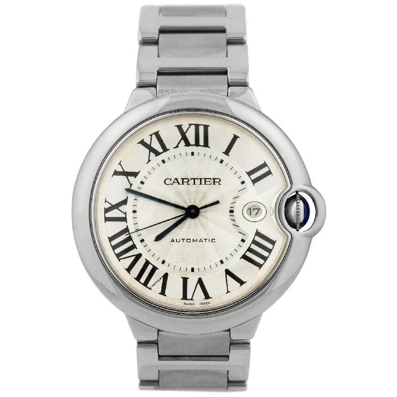 smartwatch with advanced step tracking-Cartier Unisex Ballon Bleu Stainless Steel 42mm Silver Roman Dial Watch Reference# W69012Z4