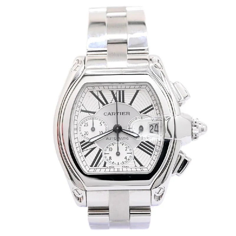 smartwatch with workout performance analytics-Cartier Men's Roadster XL Chronograph Stainless Steel 49mmx43mm Silver Roman Dial Watch Reference #: W62019X6