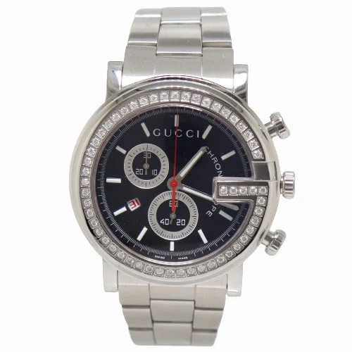 smartwatch with built-in hydration reminder-Gucci Men's Chronoscope Stainless Steel 44mm Black Chronograph Dial Watch Reference #YA101324