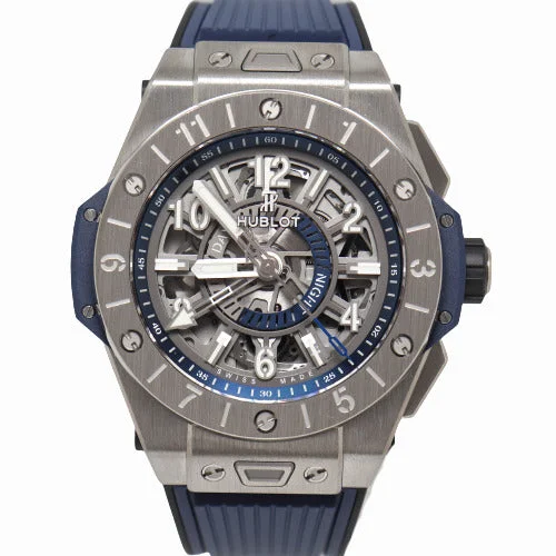 stylish ladies' smartwatch designs-Hublot Men's Big Bang Unico GMT Titanium 45mm Blue and Anthracite Grey Skeleton Dial Watch Reference# 471.NX.7112.RX