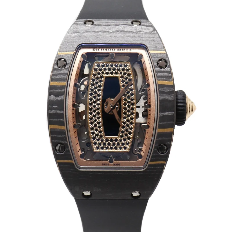 women's luxury fashion watches-Ladies Richard Mille RM 07-01 Carbon TPT 45.66 x 31.40mm Skeleton Dial with Black Sapphires Reference# RM 07-01