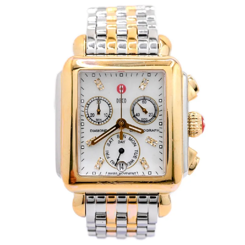 smartwatch with wrist-based glucose monitoring-Michele Ladies Deco Diamond Chronograph Two Tone Plated Yellow Gold and Steel 33mm White MOP Diamond Dial Watch Reference #: MW06P00C9046