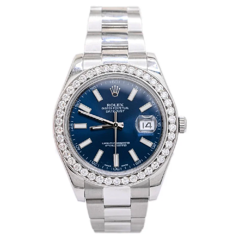 luxury wristwatches with ceramic cases-Rolex Men's Datejust Stainless Steel 41mm Blue Stick Dial Watch Reference #: 116300