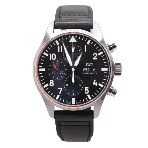 men's luxury analog sport watches-NEW! IWC Men's Pilot Stainless Steel 43mm Black Chronograph Dial Watch Ref# IW377709