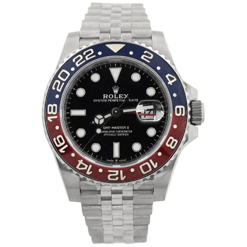 women's luxury dress wristwatches-Rolex Men's GMT-Master II Pepsi Stainless Steel 40mm Black Dot Dial Watch Reference #: 126710BLRO