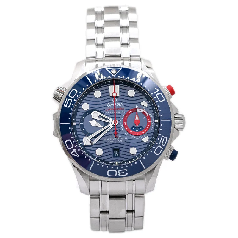 smartwatch with UV light exposure alert-Omega Men's Seamaster Diver 300M America's Cup Stainless Steel 44mm Blue Chronograph Dial Watch Reference #: 210.30.44.51.03.002