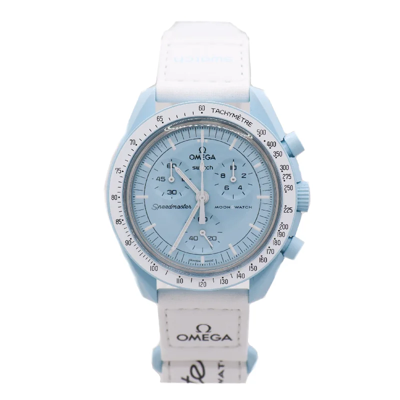 smartwatch with built-in compass-Omega x Swatch Moonswatch Light Blue Bioceramic 42mm Light Blue Chronograph Dial Watch