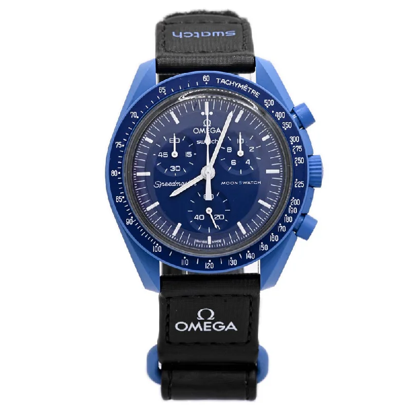 women's luxury fashion watches-Omega x Swatch Speedmaster "Mission to Neptune" Bioceramic 42mm Blue Chronograph Dial Watch Reference #: SO33N100