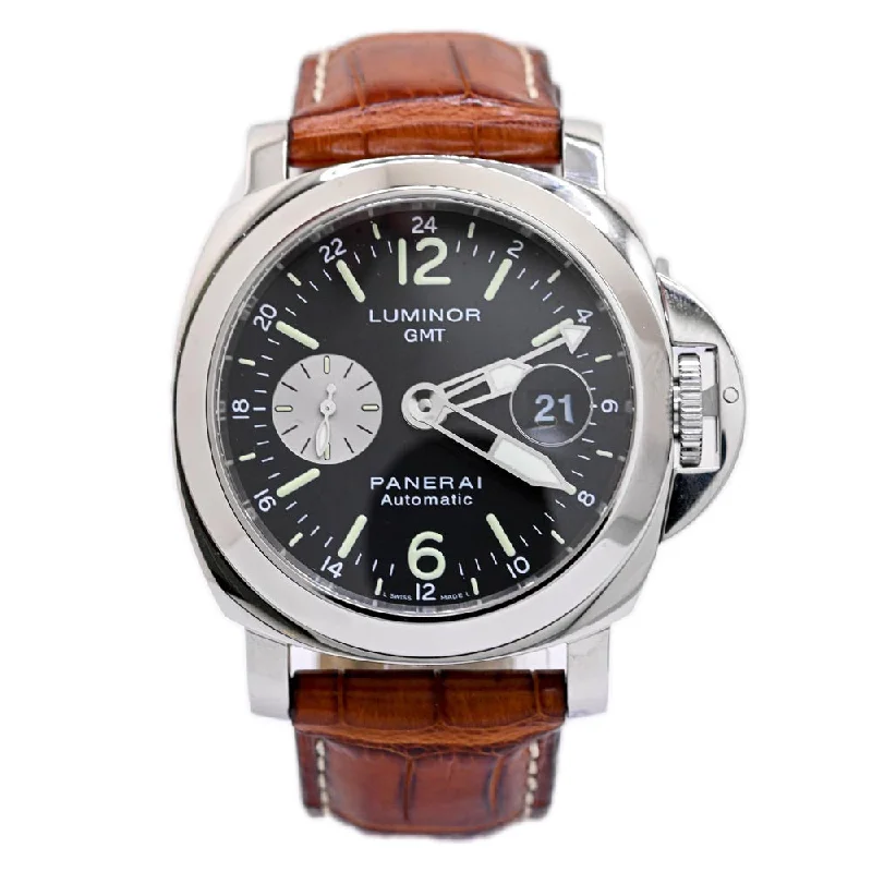 stainless steel chronograph wristwatches-Panerai Men's Luminor GMT Stainless Steel 44mm Black Dial Watch Reference #: PAM0088