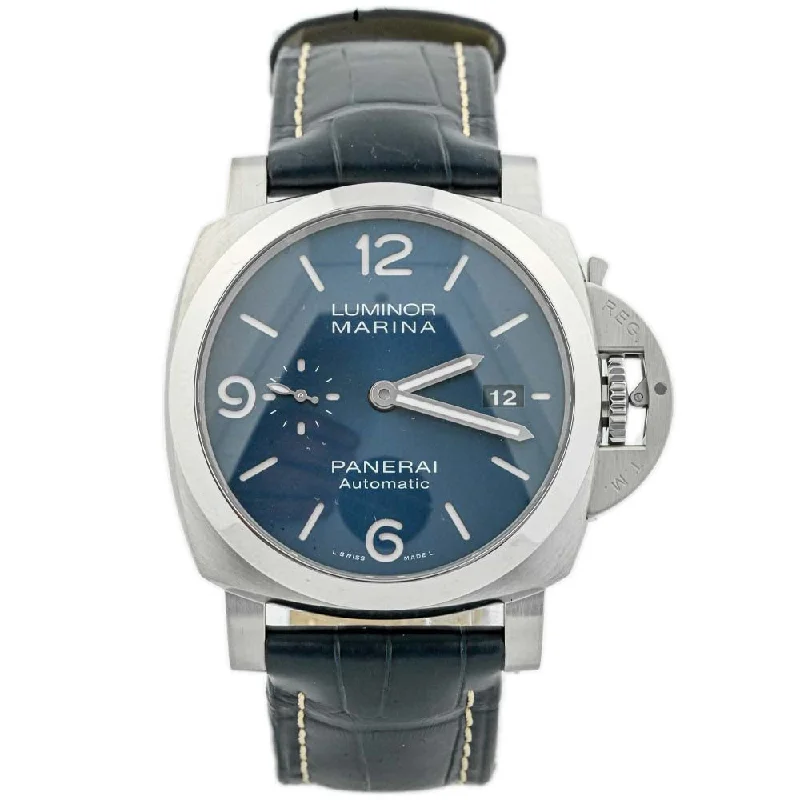 women's luxury analog wristwatches-Panerai Men's Luminor Marina 42mm Blue Dial Watch Ref# PAM01313