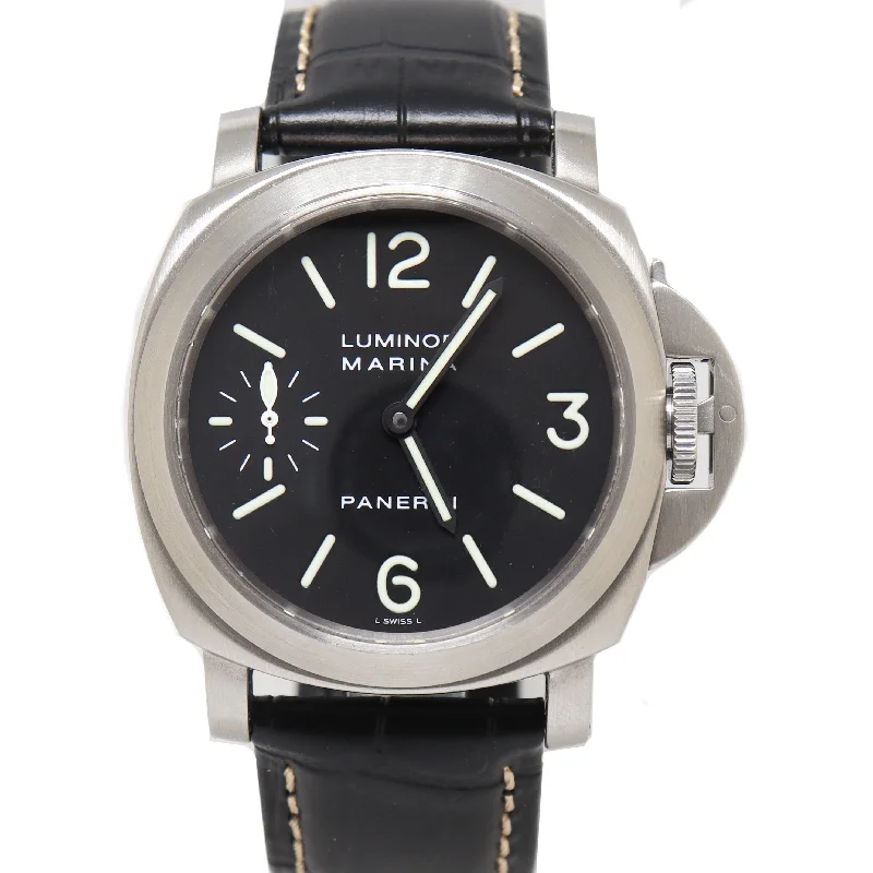 automatic wristwatches with exhibition case back-Panerai Mens Luminor Marina Stainless Steel 44mm Black Stick Dial Watch Reference# PAM0001