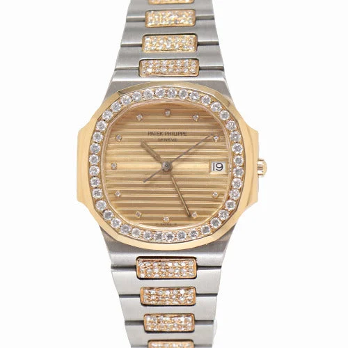 smartwatch with advanced calorie tracking-Patek Philippe Ladies Nautilus Two Tone Yellow Gold and Stainless Steel 33mm Champagne Diamond Dial Watch