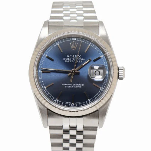 smartwatch with altitude and pressure sensor-Rolex Datejust Stainless Steel 36mm Blue Stick Dial Watch Reference# 16234