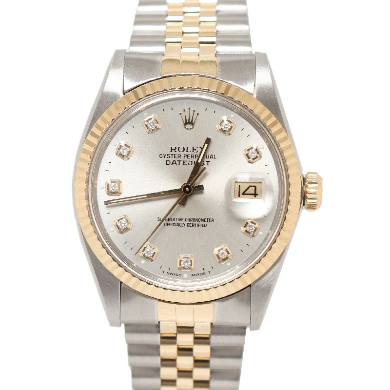 diving watches with luminous dials-Rolex Datejust Stainless Steel & Yellow Gold 36mm Silver Diamond Dial Watch Reference# 16013