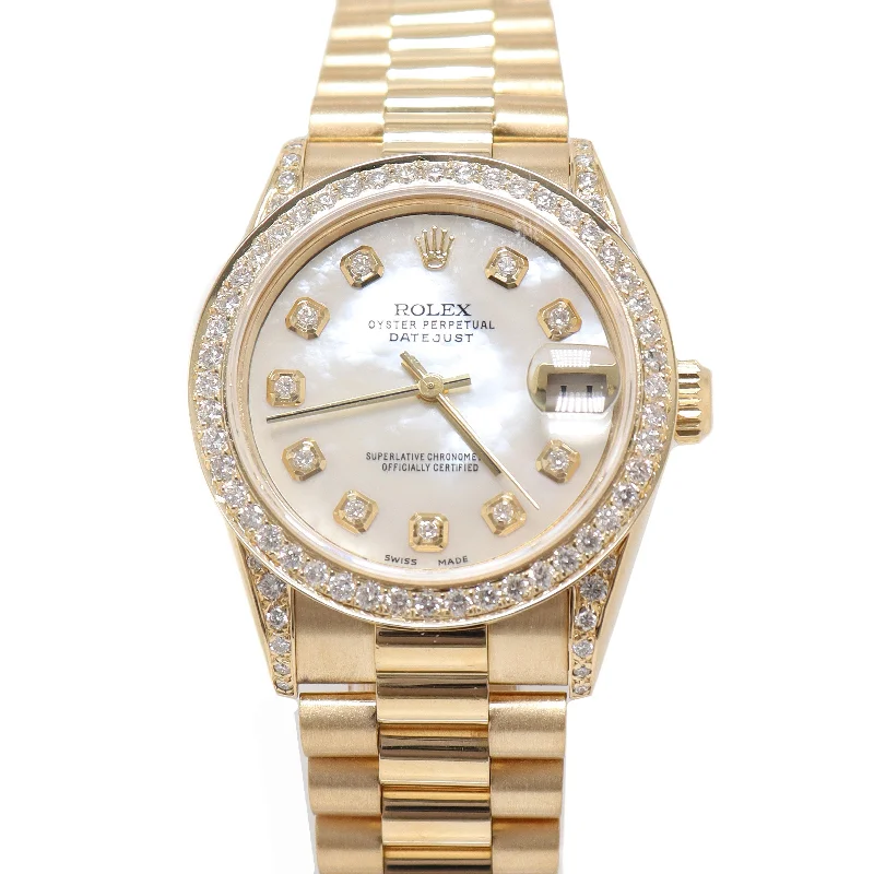 luxury men's wristwatches with moonphase-Rolex Datejust Yellow Gold 31mm Custom White MOP Diamond Dial Watch Reference# 68278