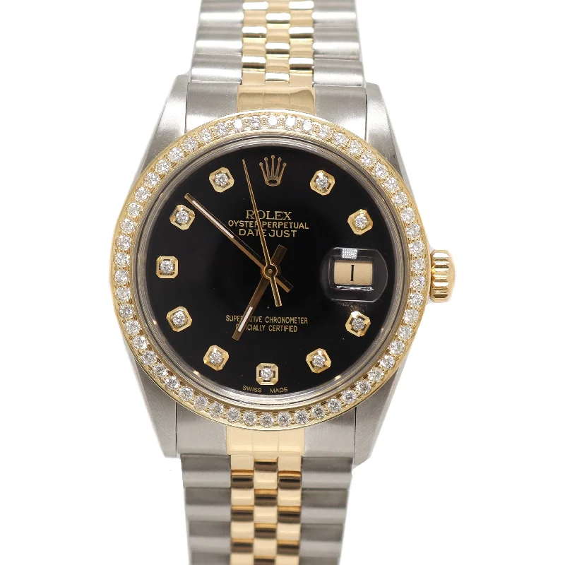 smartwatch with sleep monitoring-Rolex Datejust Yellow Gold & Stainless Steel 36mm Custom Black Diamond Dial Watch Reference# 16013