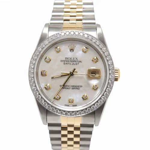 quartz racing chronograph wristwatches-Rolex Datejust Yellow Gold & Stainless Steel 36mm Custom White MOP Diamond Dial Watch Reference# 16233