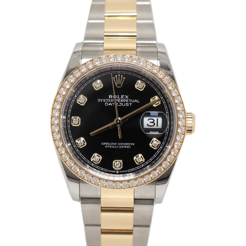 high-tech dive watches for professionals-Rolex Datejust Yellow Gold & Stainless Steel 36mm Factory Black Diamond Dial Watch Reference# 126283RBR