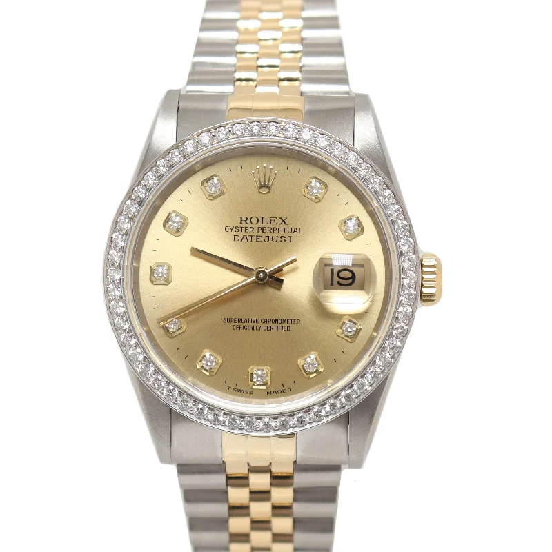 smartwatch with instant fitness insights-Rolex Datejust Yellow Gold & Stainless Steel Factory Champagne Diamond Dial Watch Reference# 16233