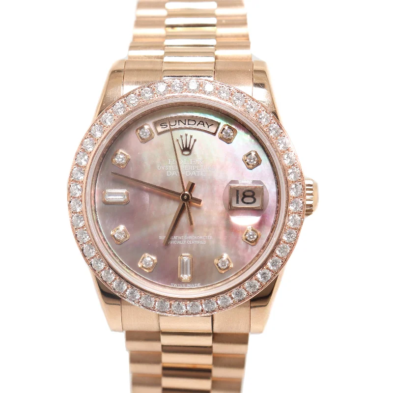 smartwatch with pedometer and heart rate monitor-Rolex Day-Date Rose Gold 36mm MOP Diamond Dial Watch Reference# 118205