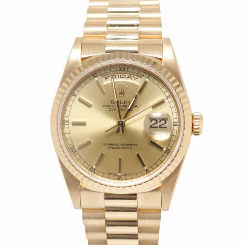 automatic GMT wristwatches-Rolex Day-Date Yellow Gold 36mm Champagne Stick Dial Watch Reference# 18238