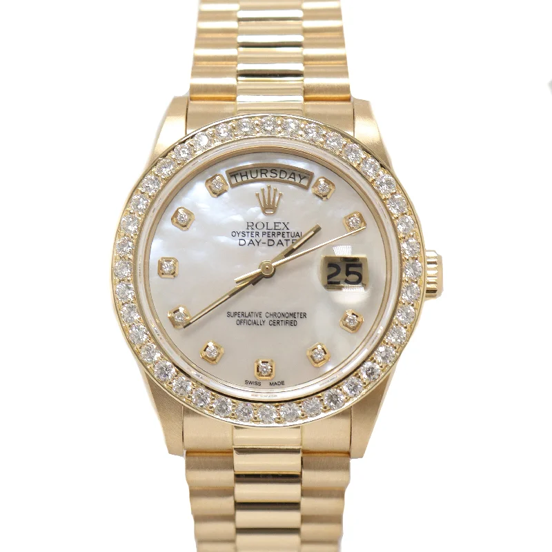 men's luxury titanium sport watches-Rolex Day Date Yellow Gold 36mm Custom White MOP Diamond Dial Watch Reference# 18038