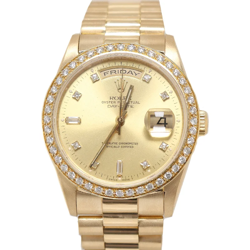 sports watches with interval workout functions-Rolex Day Date Yellow Gold 36mm Factory Champagne Diamond Dial Watch Reference# 18238