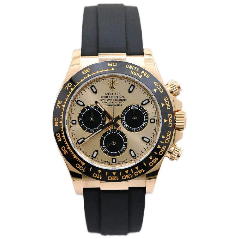 leather strap analog wristwatches-Rolex Daytona 18K Yellow Gold 40mm Champagne Chronograph Dial Watch Reference# 116518LN