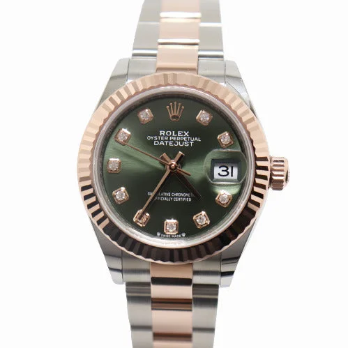 smartwatch with fitness goal tracking-Rolex Ladies Datejust Everose & Stainless Steel 28mm Olive Diamond Dial Watch Reference# 279171